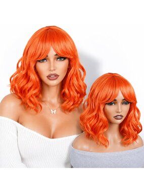Women's Orange Shoulder Ombre Bob Party Wig with Bangs Short Curly Synthetic